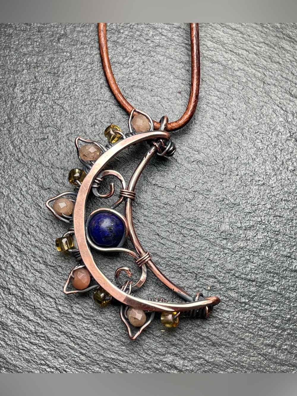 Moon in the Wild Handmade Crescent Necklace — Copper with Lapis And Sunstones - Picture 10 of 13